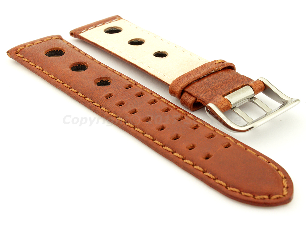 Vegetable-tanned Genuine Leather Watch Strap in Rally Style Double-pin Buckle Brown 02