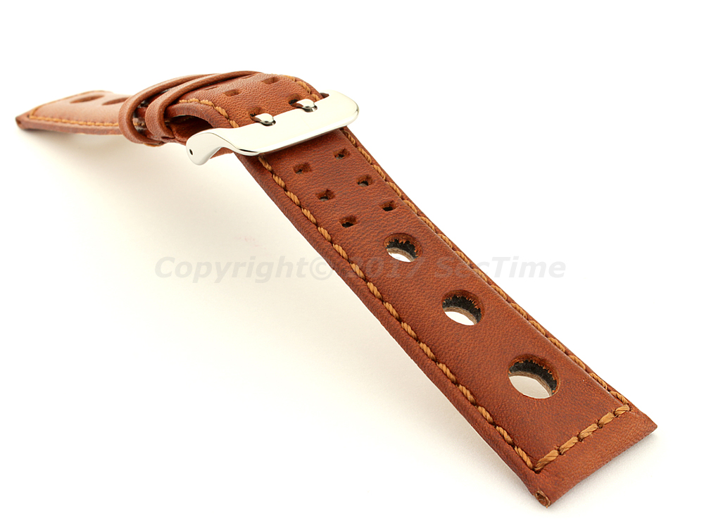 Vegetable-tanned Genuine Leather Watch Strap in Rally Style Double-pin Buckle Brown 03