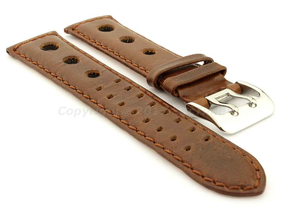 Vegetable-tanned Genuine Leather Watch Strap in Rally Style Double-pin Buckle Dark Brown 01