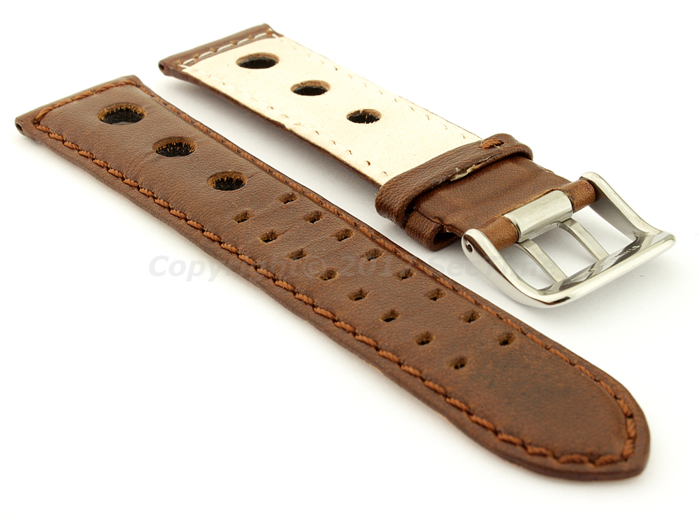 Vegetable-tanned Genuine Leather Watch Strap in Rally Style Double-pin Buckle Dark Brown 02