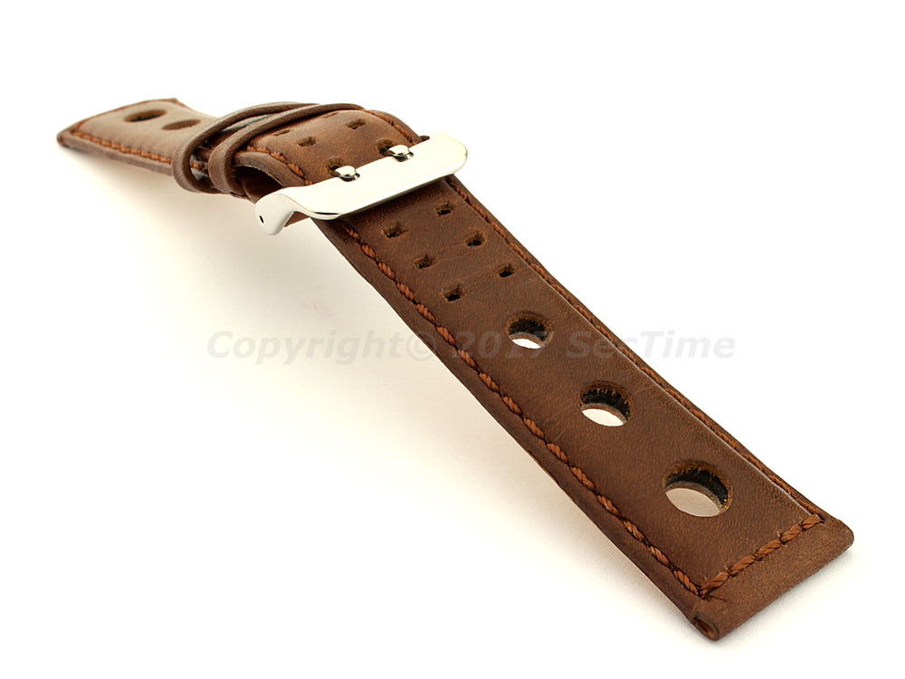 Vegetable-tanned Genuine Leather Watch Strap in Rally Style Double-pin Buckle Dark Brown 03