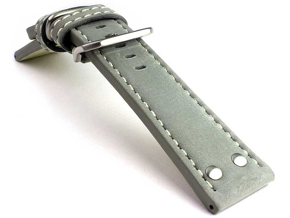 Riveted Leather Watch Strap Grey with White Stitching Fighter 02