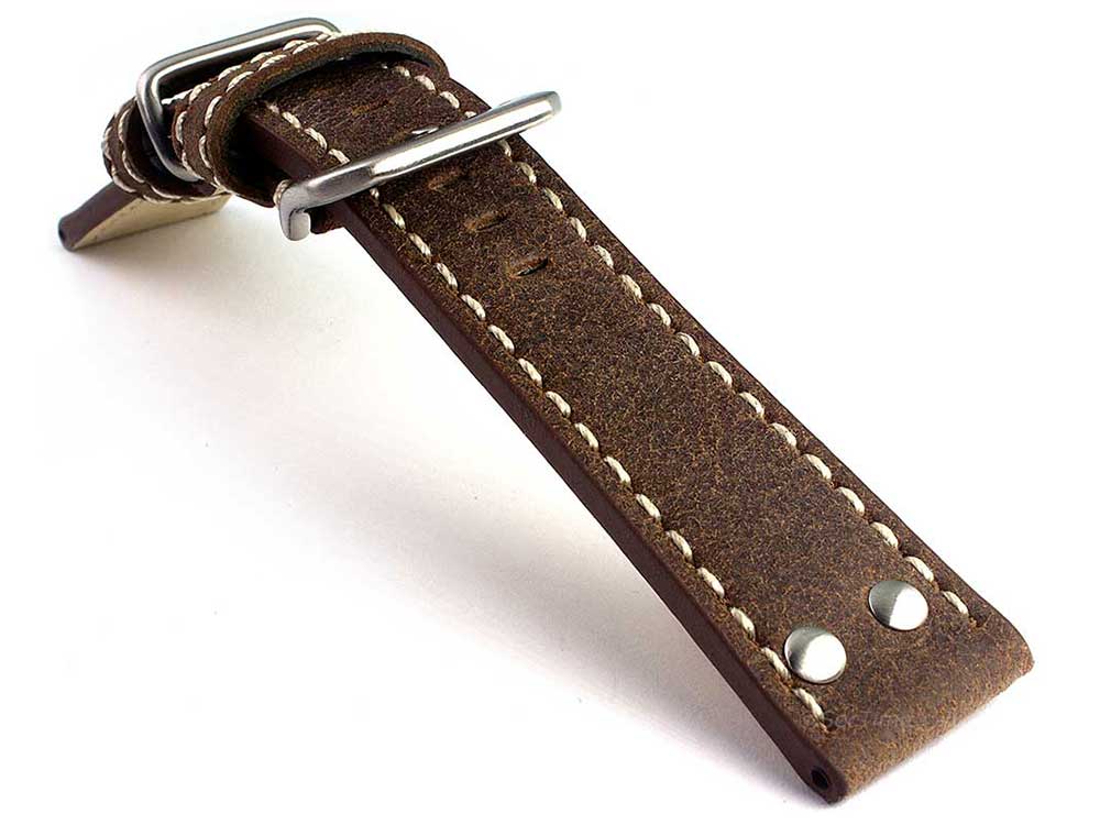 Riveted Leather Watch Strap Antique with White Stitching Fighter 02