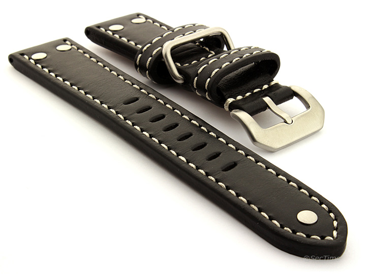 Riveted Leather Watch Strap Black with White Stitching Fighter 01