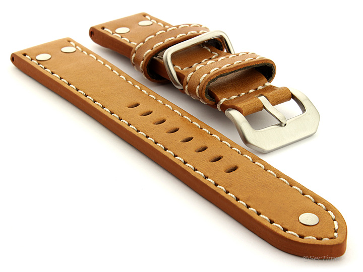 Riveted Leather Watch Strap Brown (Tan) with White Stitching Fighter 01