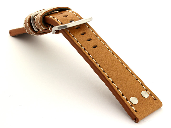 Riveted Leather Watch Strap Brown (Tan) with White Stitching Fighter 02