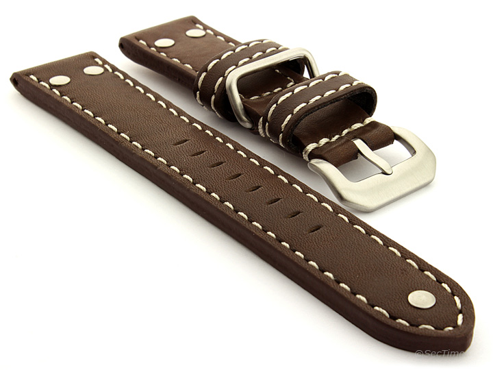 Riveted Leather Watch Strap Dark Brown with White Stitching Fighter 01