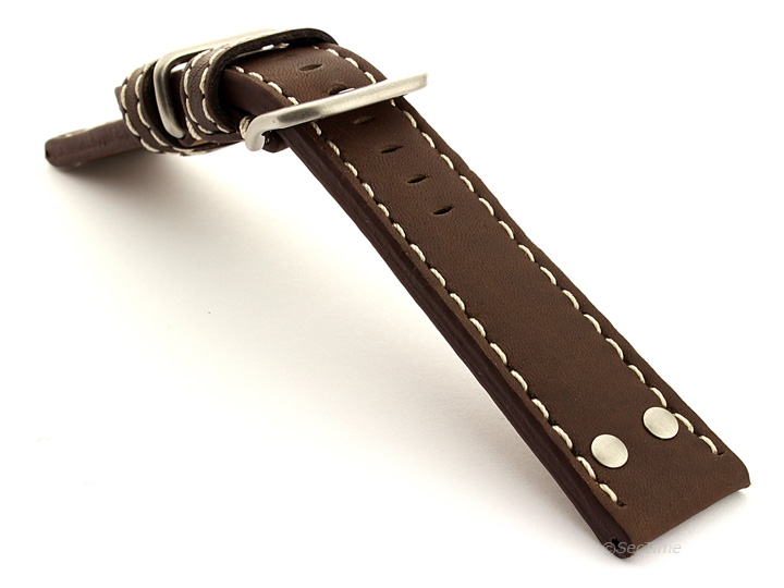 Riveted Leather Watch Strap Dark Brown with White Stitching Fighter 02