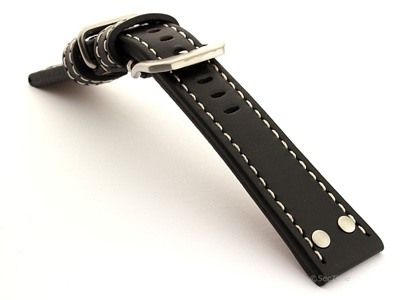 Riveted Leather Watch Strap FIGHTER Black / White 22mm