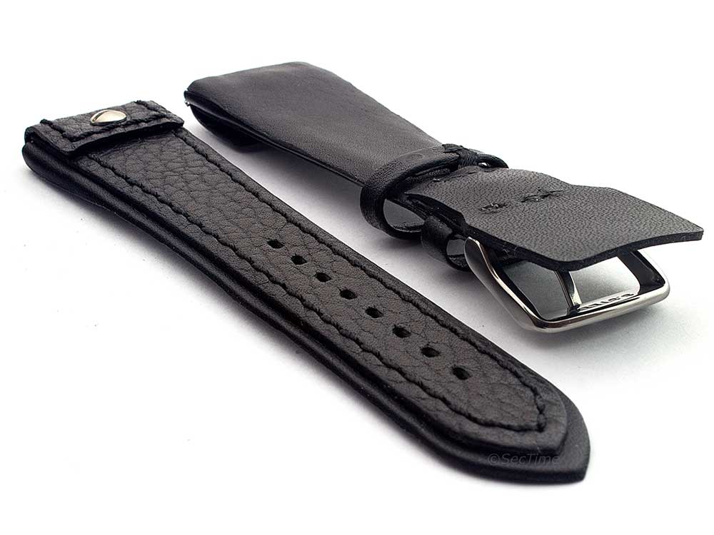 Military Style Leather Watch Strap, Fixed Lugs with Screw Black(grained) 02