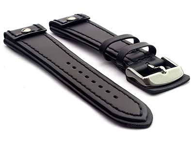 Military Style Leather Watch Strap, Fixed Lugs with Screw Black/Black 22mm