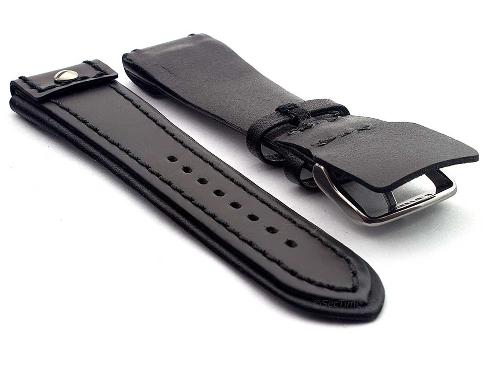 Military Style Leather Watch Strap, Fixed Lugs with Screw Black 02