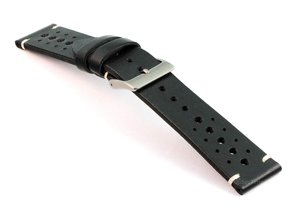 Perforated Genuine Leather Watch Strap Band Mirage Rally Racing Black 03