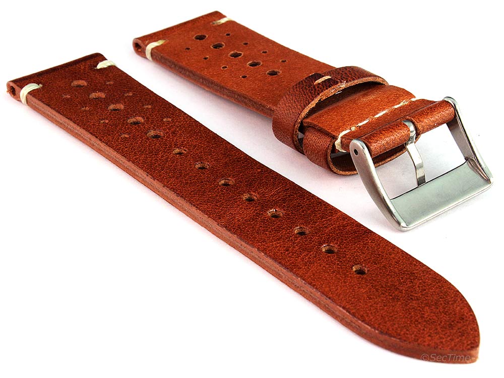 Perforated Genuine Leather Watch Strap Band Mirage Rally Racing Brown 02