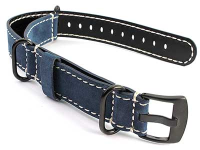 Suede Leather Watch Strap Nato Cayman PVD (Black) Buckle Blue 22mm