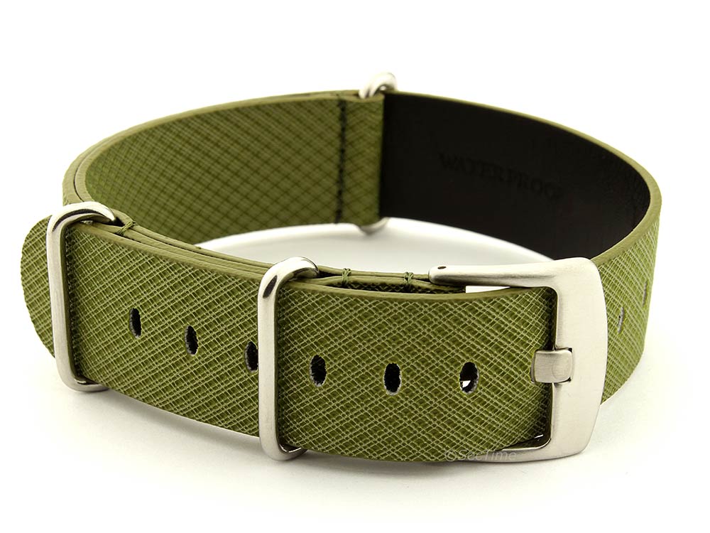 Synthetic Waterproof Nato Watch Strap Hydrophobized Leather Lining Green 02