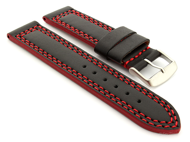 Leather Watch Strap Black with Red Stitching Orion 01