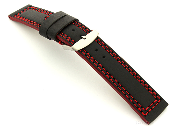 Leather Watch Strap Black with Red Stitching Orion 02