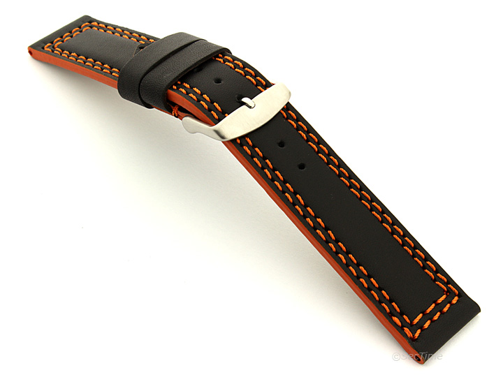 Leather Watch Strap Black with Orange Stitching Orion 02