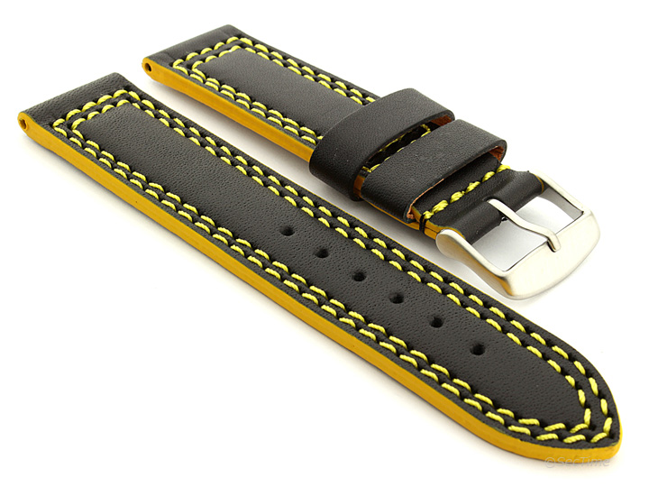 Leather Watch Strap Black with Yellow Stitching Orion 01