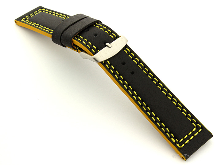 Leather Watch Strap Black with Yellow Stitching Orion 02