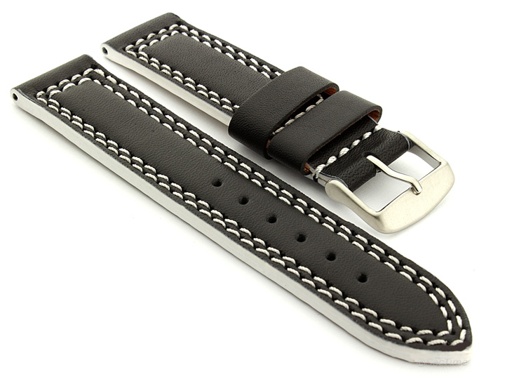 Leather Watch Strap Black with White Stitching Orion 01