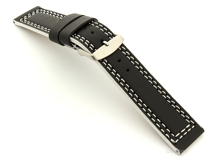 Leather Watch Strap Black with White Stitching Orion 02