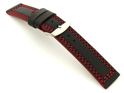 Leather Watch Strap Black with Red Stitching Orion 02