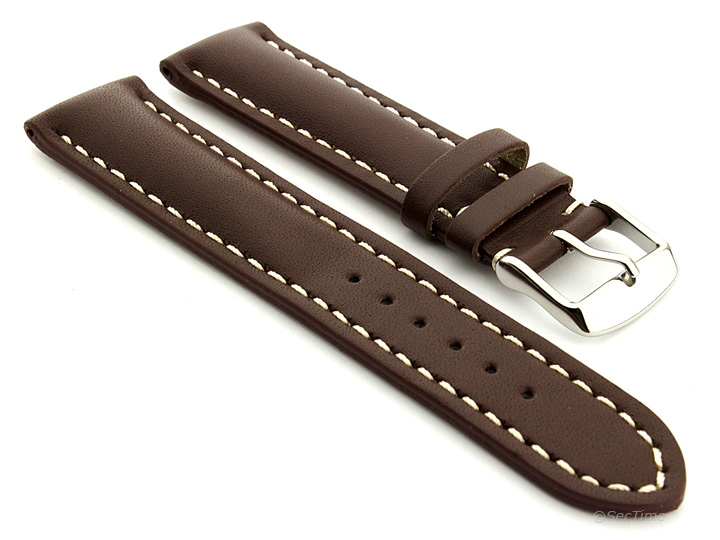 Padded Watch Strap Leather Dark Brown with White Stitching Sahara 02