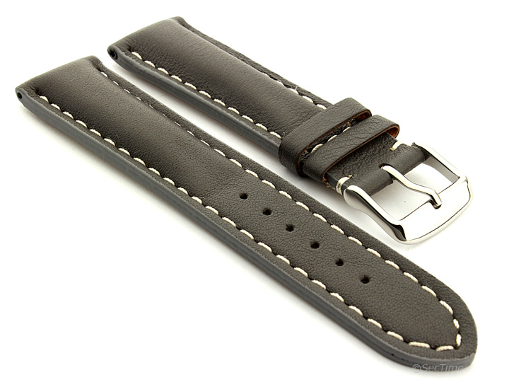 Padded Watch Strap Leather Grey with White Stitching Sahara 02