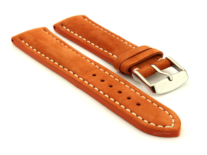 Padded Watch Strap Leather Orange with White Stitching Sahara 02