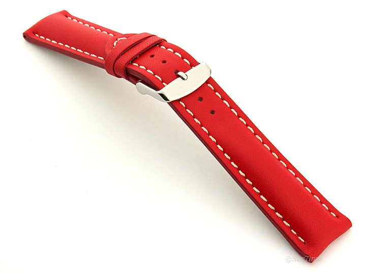 Padded Watch Strap Leather Red with White Stitching Sahara 01