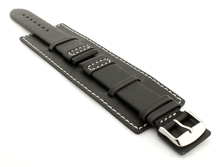 Leather Watch Strap with Wrist Cuff Black with White Stitching Solar 01