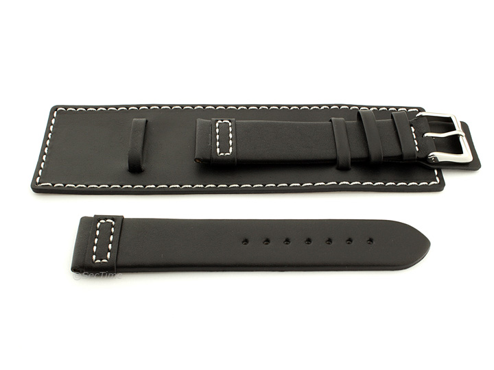 Leather Watch Strap with Wrist Cuff Black with White Stitching Solar 02