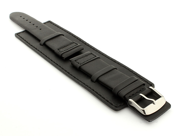 Leather Watch Strap with Wrist Cuff Black with Black Stitching Solar 01