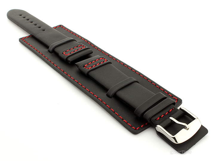 Leather Watch Strap with Wrist Cuff Black with Red Stitching Solar 01