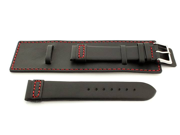 Leather Watch Strap with Wrist Cuff Black with Red Stitching Solar 02