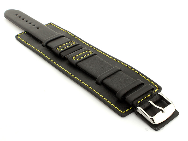 Leather Watch Strap with Wrist Cuff Black with Yellow Stitching Solar 01