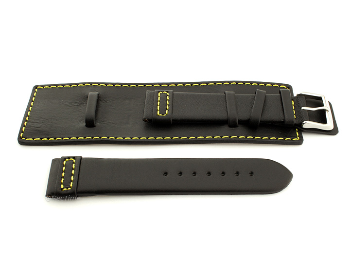 Leather Watch Strap with Wrist Cuff Black with Yellow Stitching Solar 02