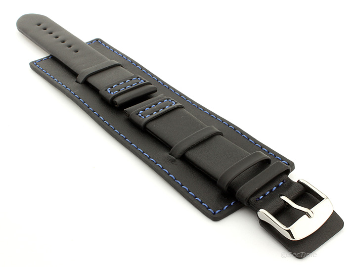 Leather Watch Strap with Wrist Cuff Black with Blue Stitching Solar 01