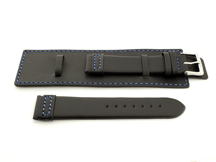 Leather Watch Strap with Wrist Cuff Black with Blue Stitching Solar 02