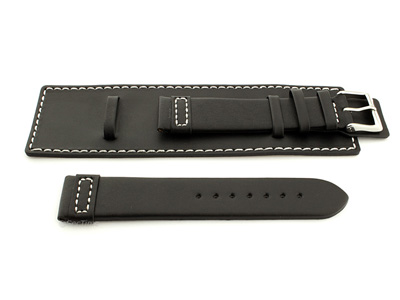 Leather Watch Strap with Wrist Cuff - Solar Black / White 24mm