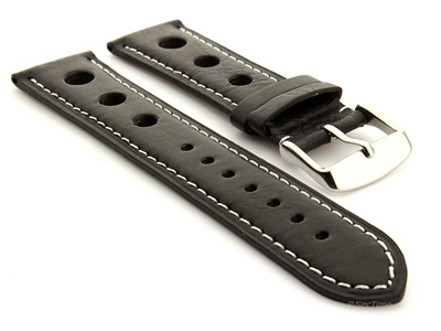 Rally Style Leather Watch Strap Twister Black / White 20mm