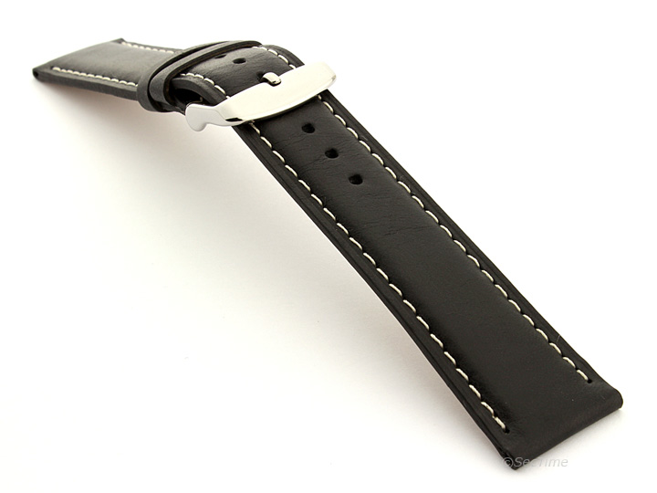 Flat Leather Watch Strap Black with White Stitching Twister 01 02