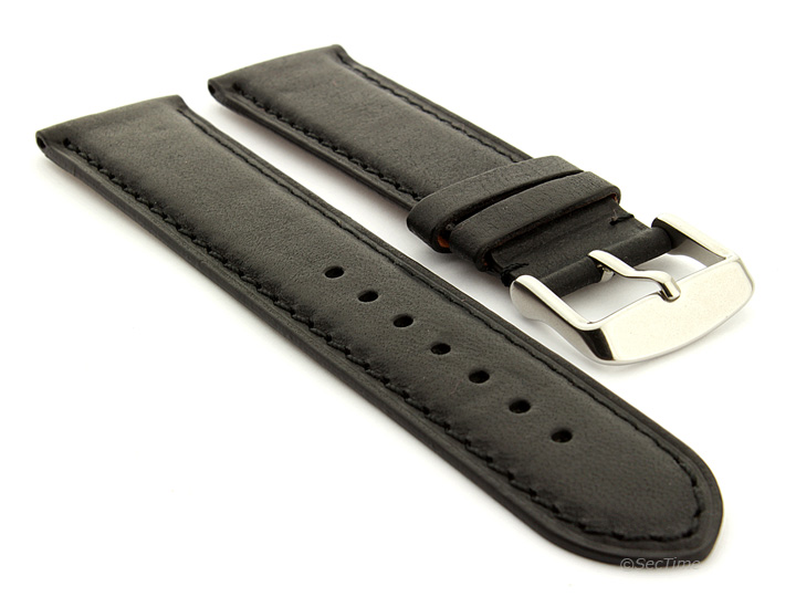 Flat Leather Watch Strap Black with Black Stitching Twister 01 01
