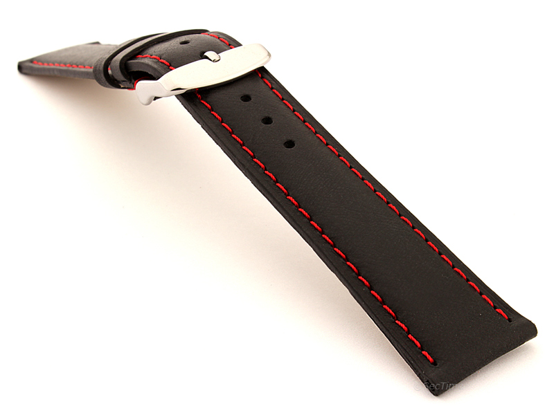 Flat Leather Watch Strap Black with Red Stitching Twister 01 02