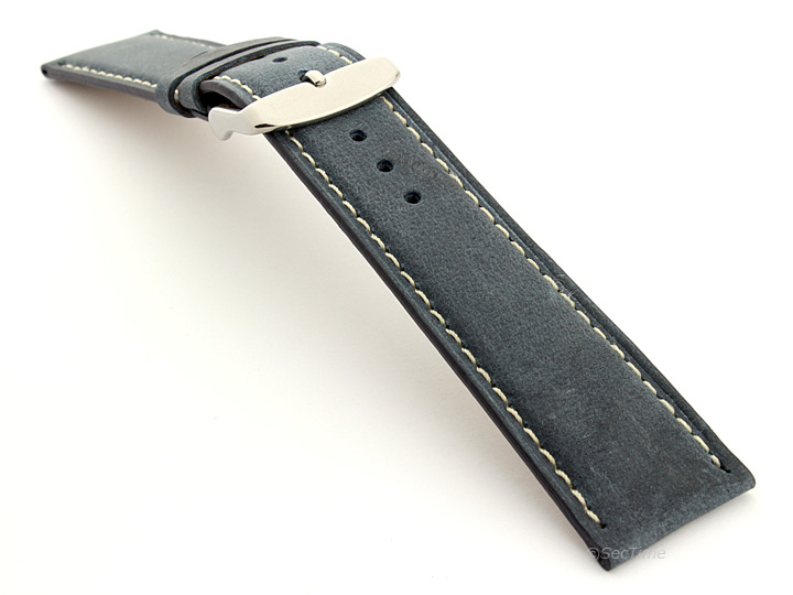 Flat Leather Watch Strap Blue with White Stitching Twister 01 02