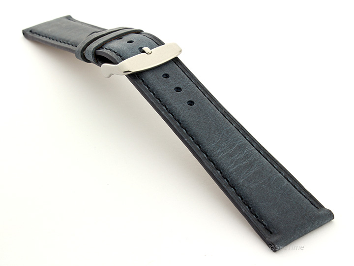 Flat Leather Watch Strap Blue with Blue Stitching Twister 01 02