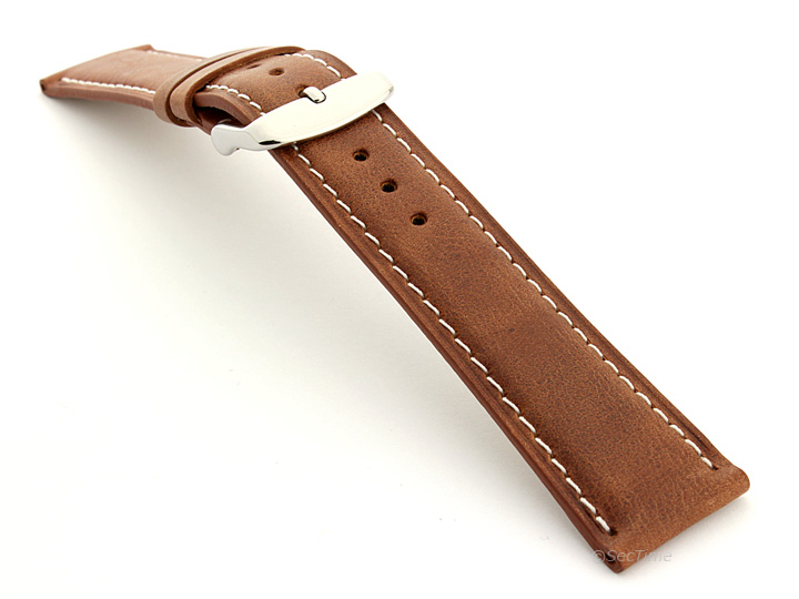 Flat Leather Watch Strap Brown with White Stitching Twister 01 02