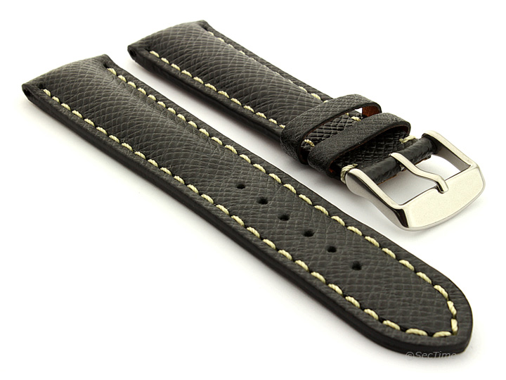Taiga Leather Watch Strap Cross Pattern Black with White Stitching VEGA 01